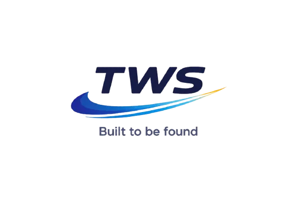 TWS logo with blue swoosh and text "Built to be found" on a transparent background.
