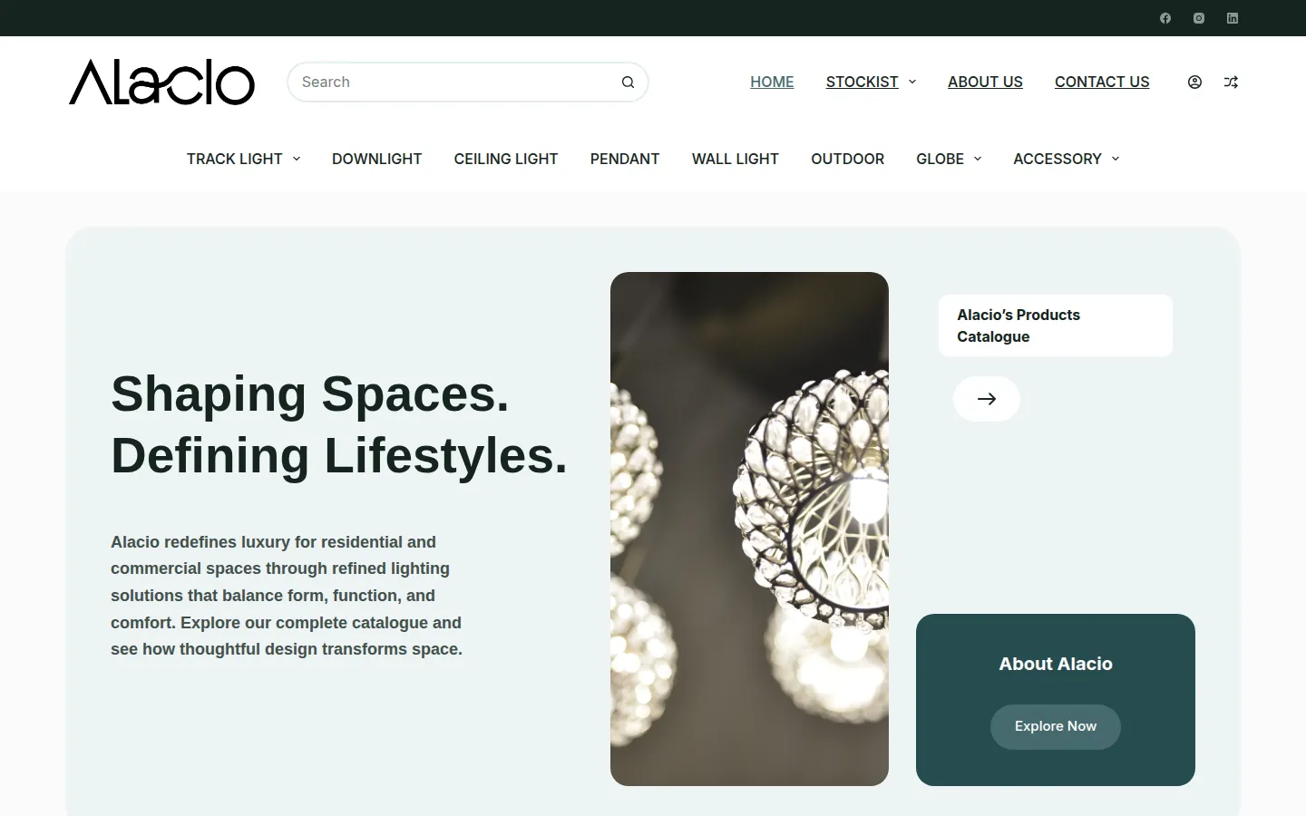 Alacio lighting website homepage — designed by Total Web Solutions