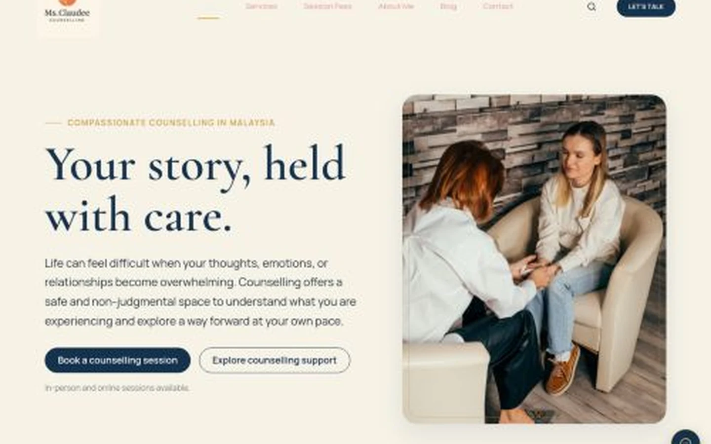 Ms. Claudee Counselling homepage, showing the Kintsugi-inspired midnight blue, gold and ivory design system