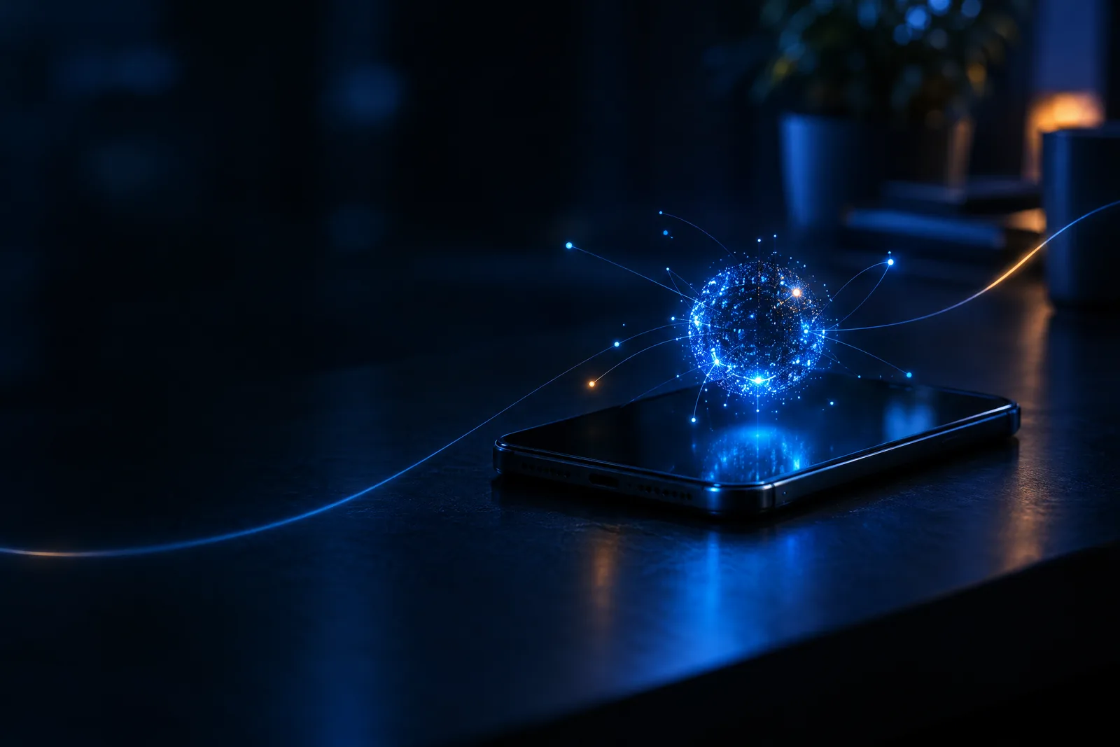 Glowing blue digital globe with connecting lines hovering above a smartphone on a dark reflective surface.