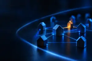 Wooden house models connected by glowing blue and yellow network lines on a dark surface.