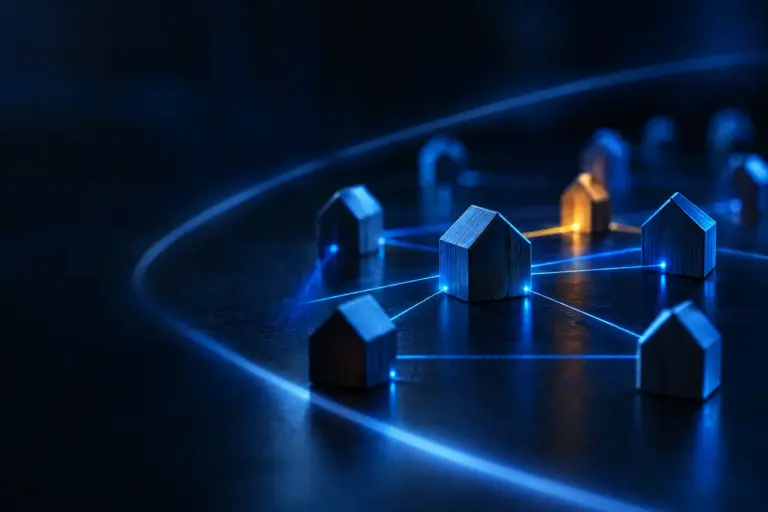 Wooden house models connected by glowing blue and yellow network lines on a dark surface.