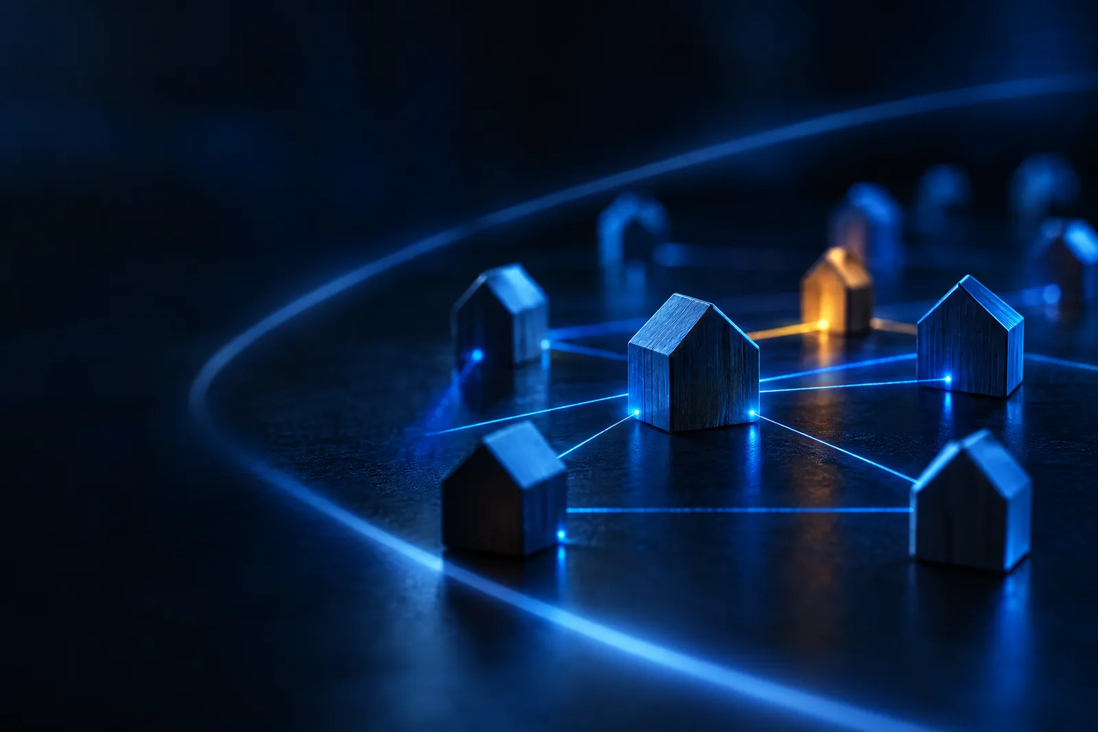 Wooden house models connected by glowing blue and yellow network lines on a dark surface.