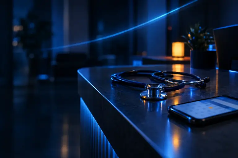 Stethoscope and smartphone on a dark clinic counter with blue ambient lighting and a small lit candle in the background.