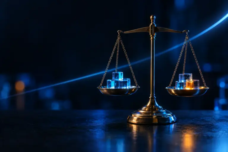 Bronze balance scale with blue and one gold glowing cubes on each side against dark blue background