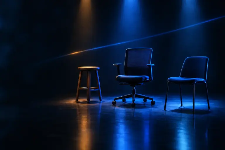 Three different chairs—a wooden stool, an office chair, and a padded chair—under spotlights on a dark reflective floor.