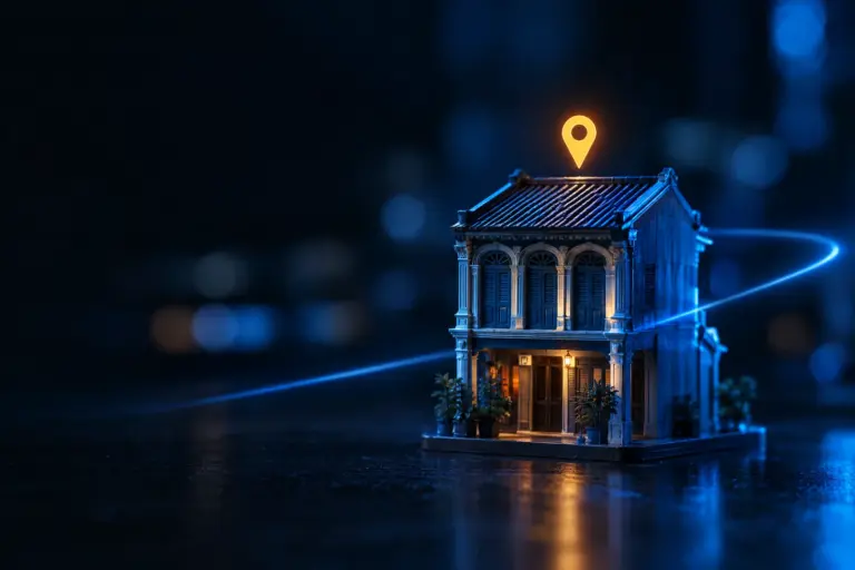 Miniature illuminated building with a glowing location pin above its roof against a dark blurred background