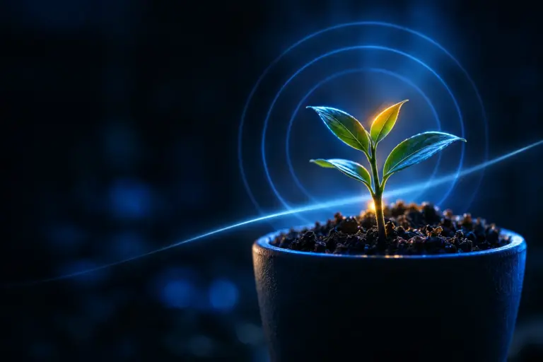 Young plant sprouting from soil in a pot with glowing light and blue circular digital effects in the background.