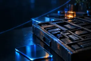 Vintage wooden letterpress blocks in a tray illuminated by blue light on a dark surface with glass tiles nearby.