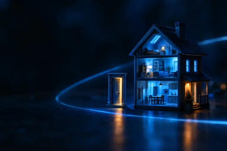 Miniature illuminated dollhouse with a separate glowing doorway standing beside it on a dark surface at night.