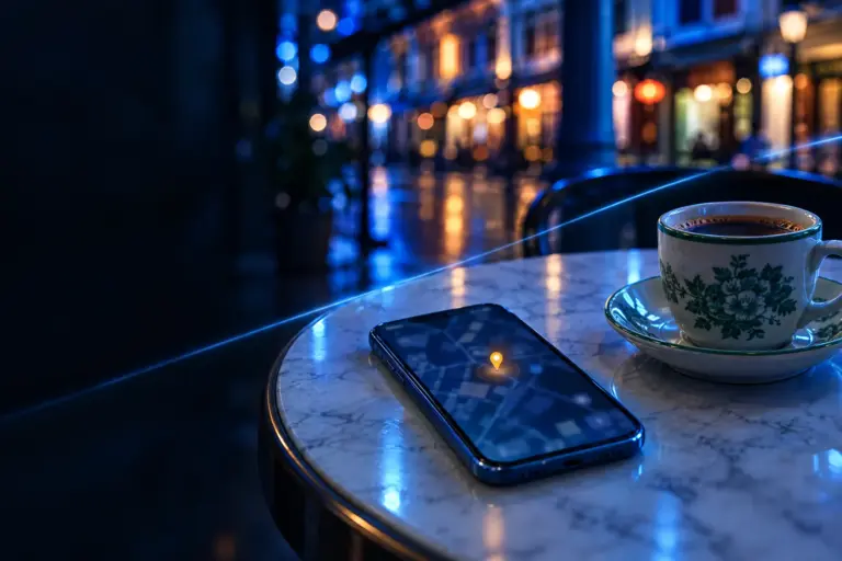 Smartphone displaying location pin on map next to a cup of coffee on a marble table at night with blurred city lights background.