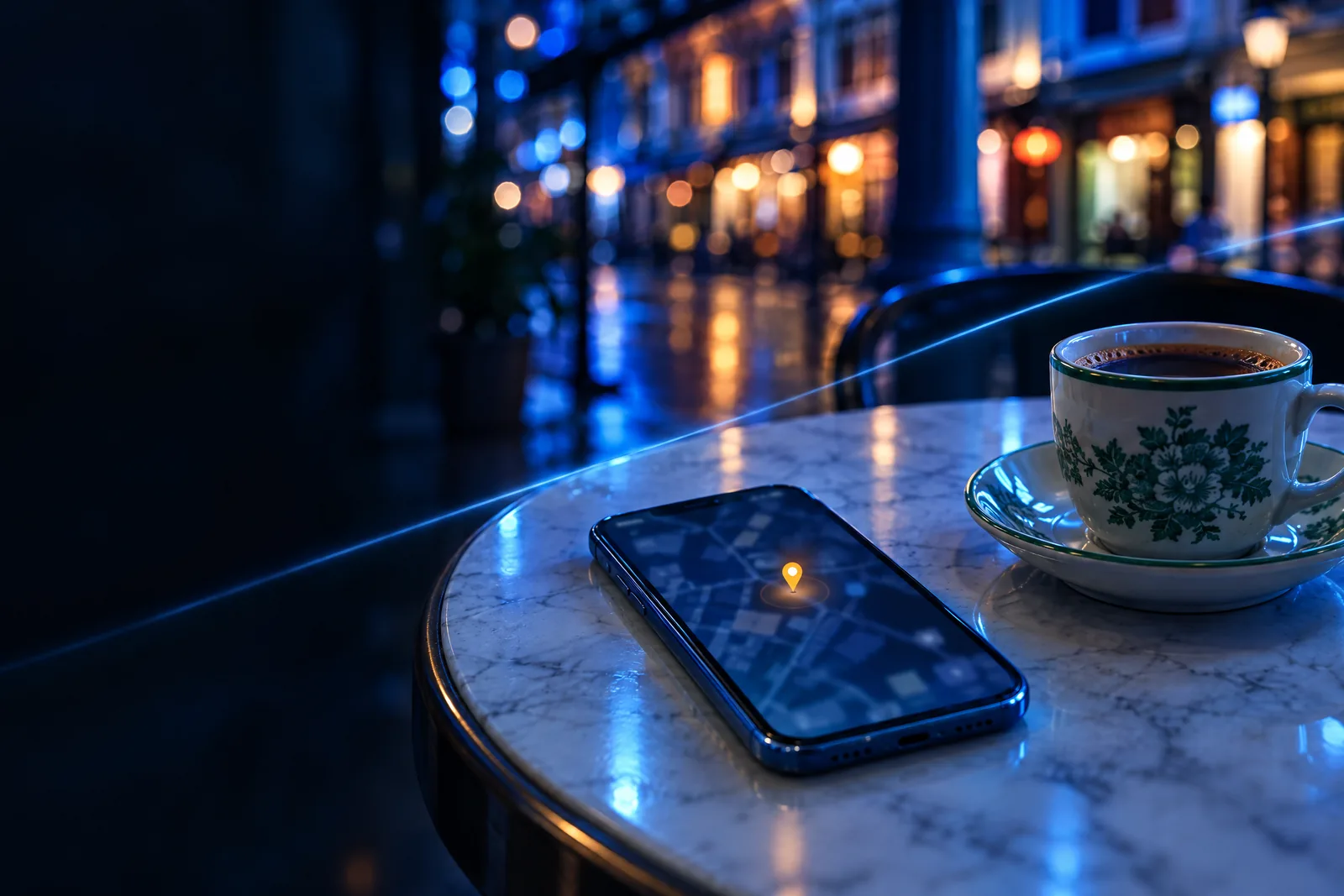 Smartphone displaying location pin on map next to a cup of coffee on a marble table at night with blurred city lights background.