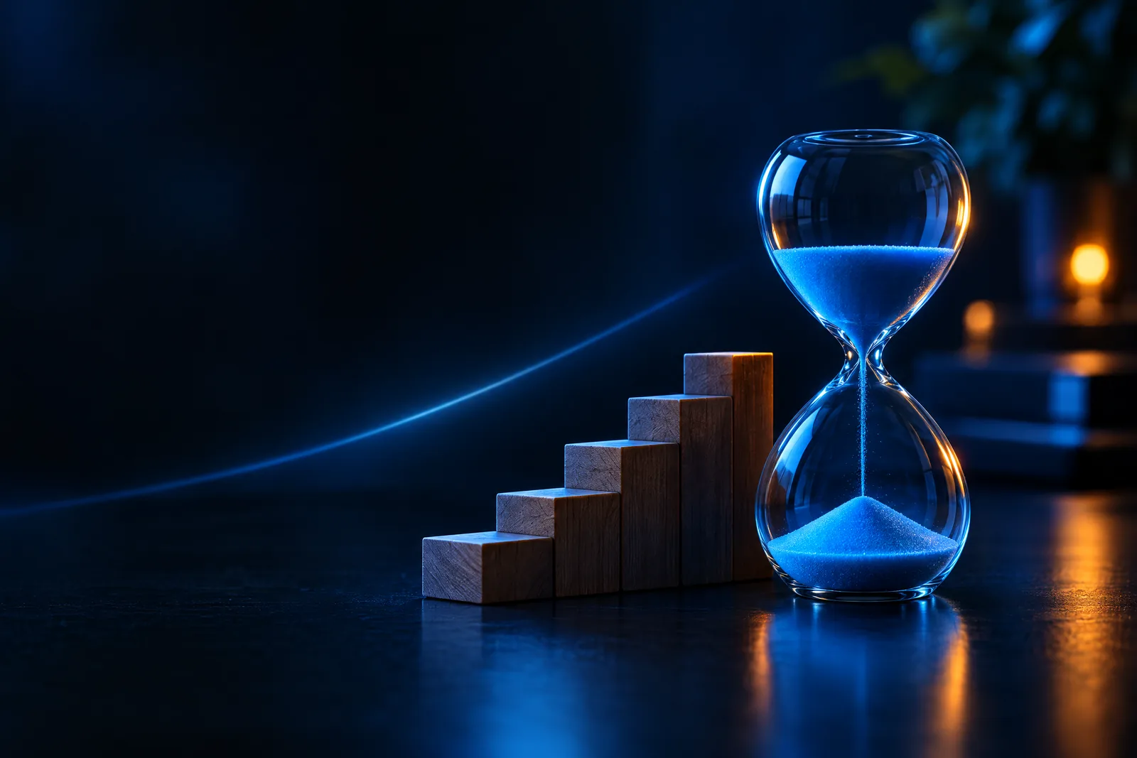 Hourglass with blue sand next to ascending wooden blocks symbolizing time and growth in SEO costs.