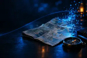 Folded map on dark surface transforming into digital blue pixels next to a compass and lantern