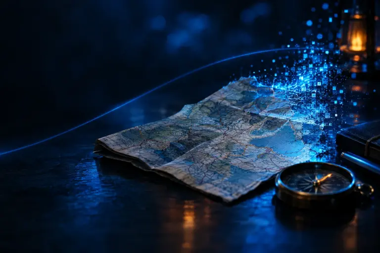 Folded map on dark surface transforming into digital blue pixels next to a compass and lantern