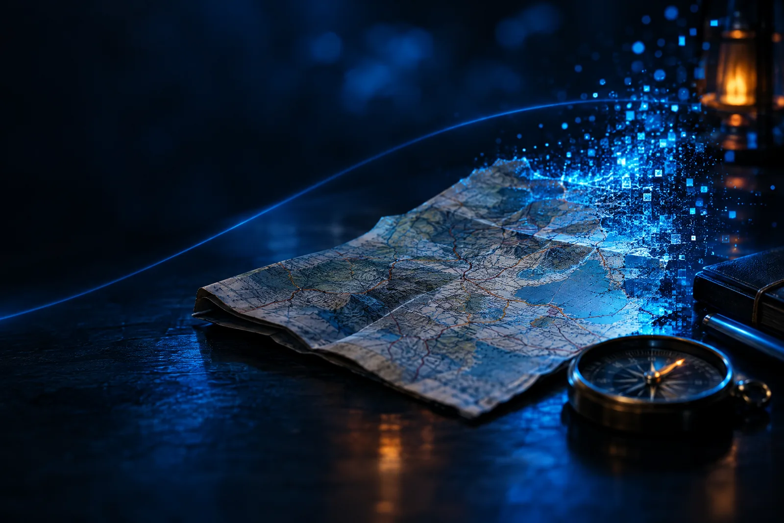 Folded map on dark surface transforming into digital blue pixels next to a compass and lantern