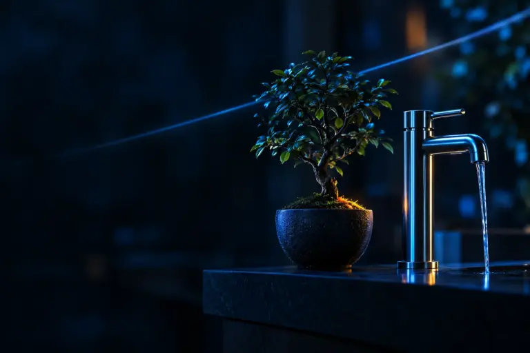 Small potted tree next to a modern faucet with water flowing, illuminated by soft blue lighting at night.