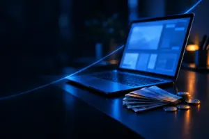 Laptop on dark desk with digital interface on screen, USD bills and coins stacked beside it under blue lighting