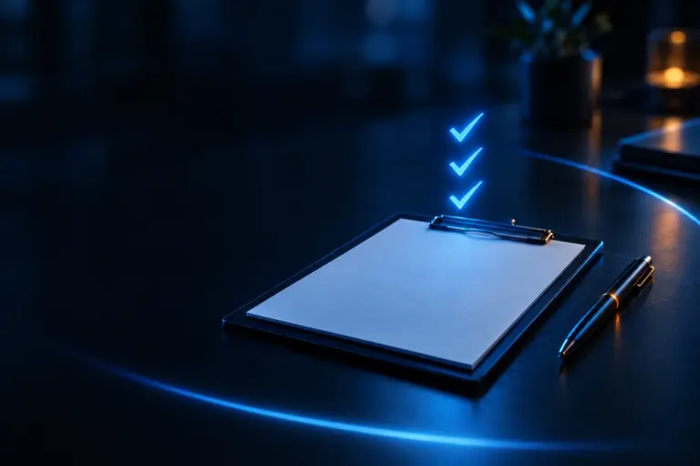 Blank clipboard with three glowing blue checkmarks hovering above on a dark reflective surface with a pen nearby.
