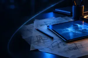 Tablet displaying a digital architectural design on a desk with pencil sketches and a pencil in low blue lighting.