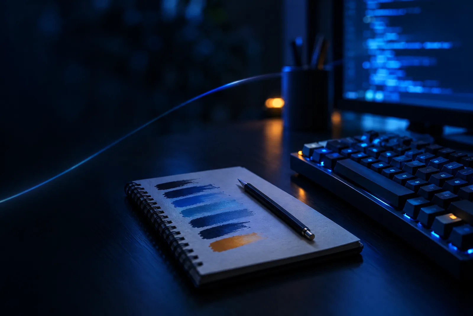 Notebook with paint swatches and pen beside a glowing keyboard and monitor displaying code in a dark workspace.