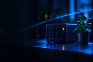 Network storage device with glowing indicator lights next to a potted plant on a dark blue illuminated table