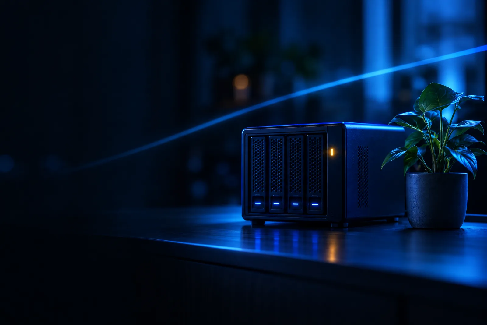 Network storage device with glowing indicator lights next to a potted plant on a dark blue illuminated table