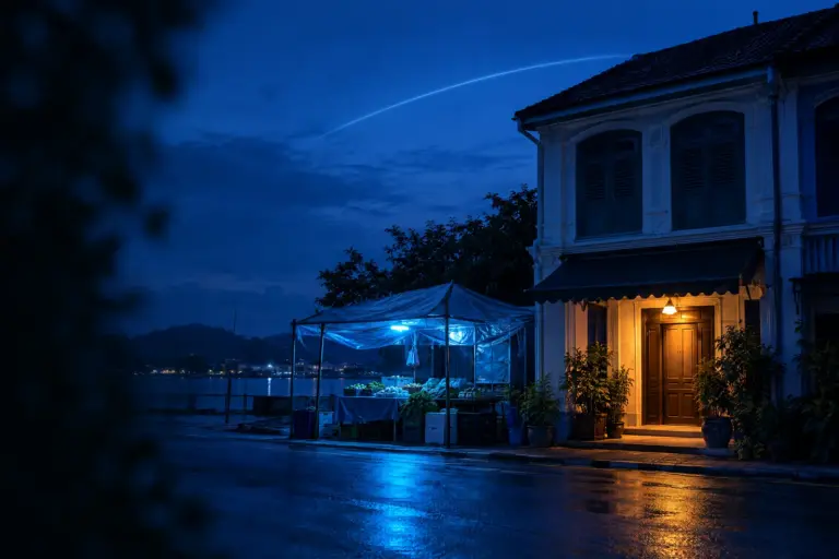 Nighttime street scene with a small fruit stand illuminated by blue light next to a warmly lit building entrance.