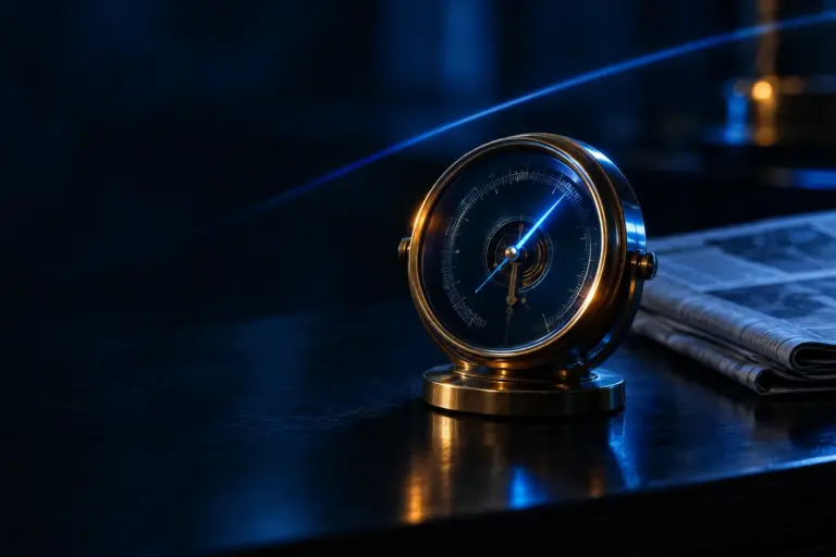 Vintage brass desk compass glowing with blue light next to folded newspapers on a dark reflective surface
