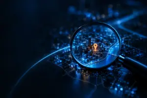 Magnifying glass highlighting a digital cityscape with a glowing orange location pin in a dark blue futuristic setting.