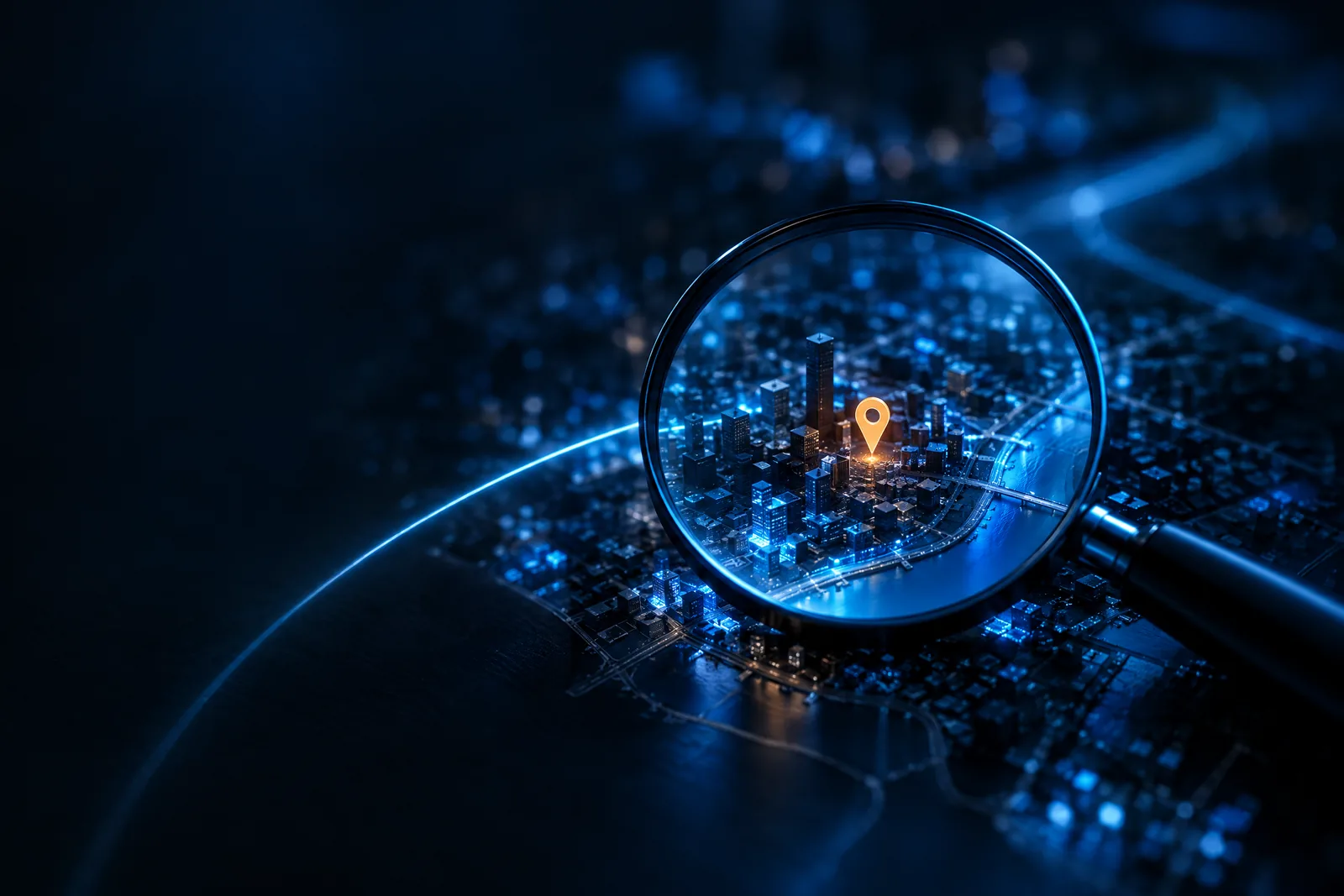 Magnifying glass highlighting a digital cityscape with a glowing orange location pin in a dark blue futuristic setting.