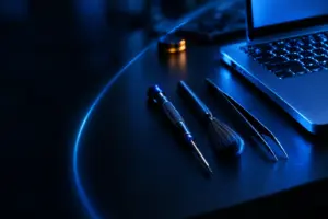 Close-up of electronic repair tools and a laptop keyboard illuminated by blue light on a dark surface.