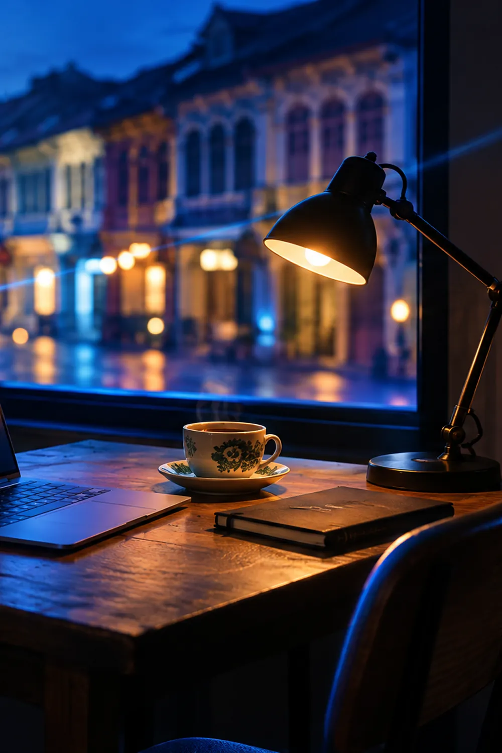 A single laptop on a small desk at night, where Total Web Solutions started