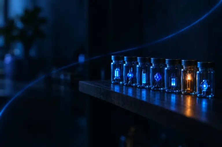 A row of small glass jars glowing blue on a dark shelf, one with an uneven light