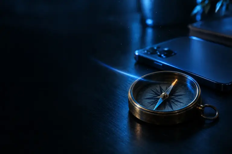 Vintage compass with glowing needle and modern smartphone on dark reflective surface with blue lighting