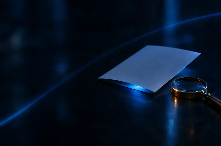 A folded sheet of blank paper glowing faintly blue from inside, beside a brass magnifying glass on a dark surface