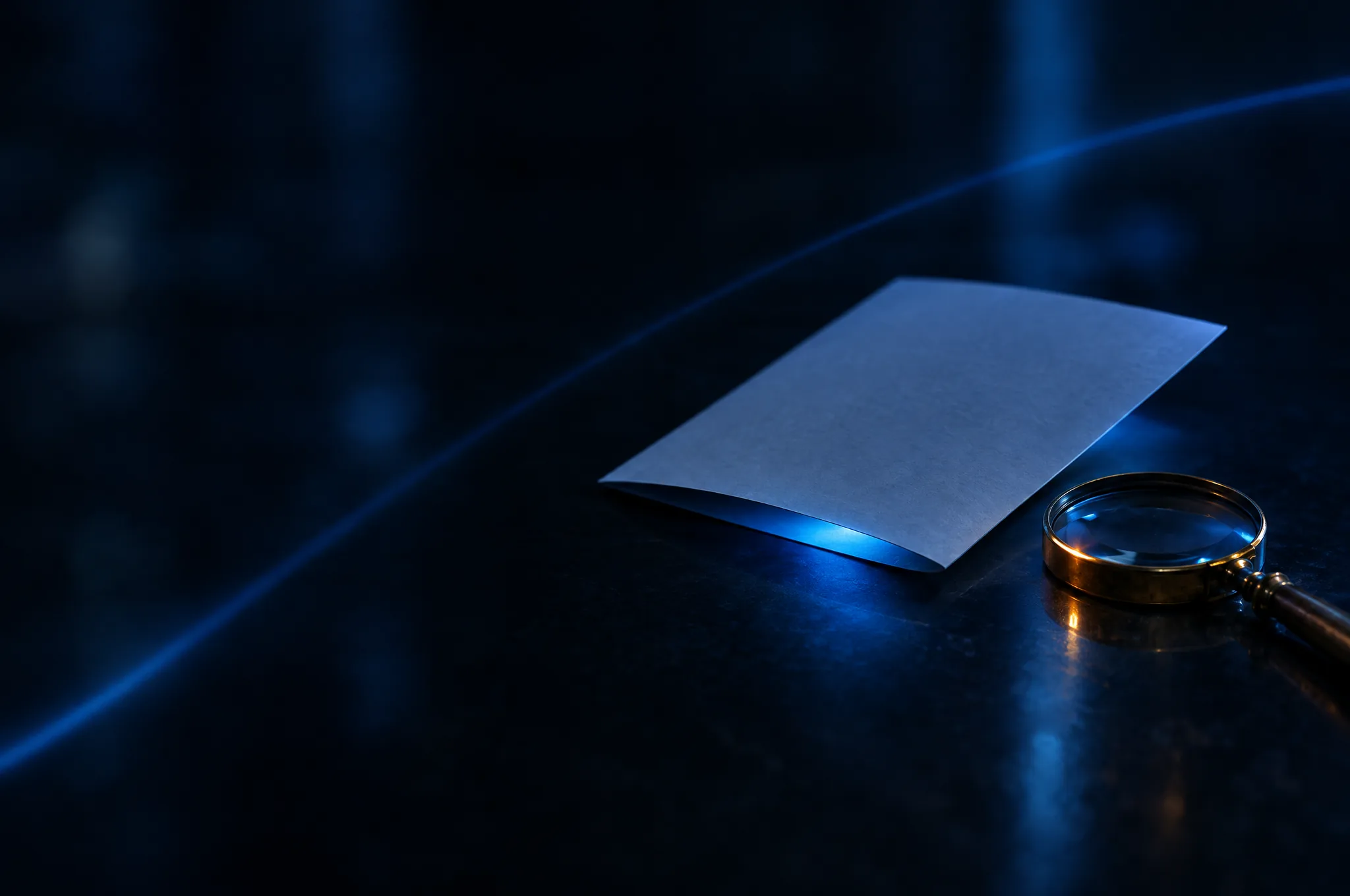 A folded sheet of blank paper glowing faintly blue from inside, beside a brass magnifying glass on a dark surface