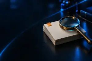Stack of papers with a magnifying glass resting on top, illuminated by blue lighting on a dark surface