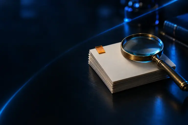 Stack of papers with a magnifying glass resting on top, illuminated by blue lighting on a dark surface