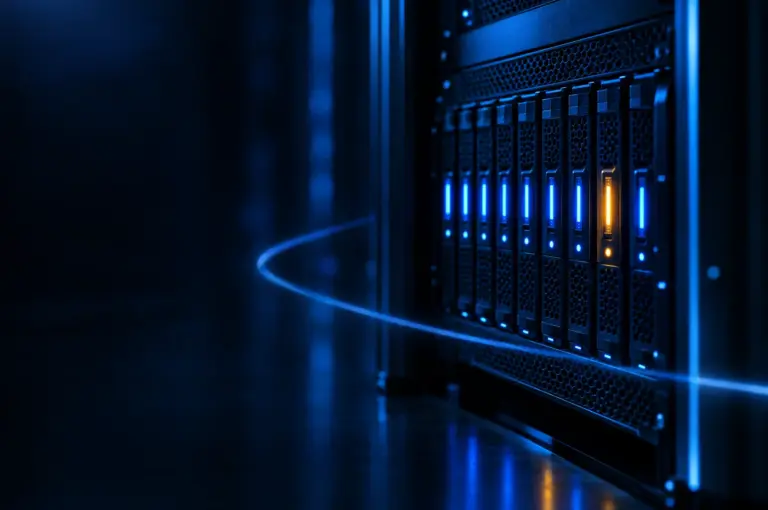 A server rack in a dark room with one module glowing amber while the rest glow cobalt blue
