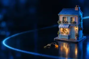 A pretty miniature shopfront with a lit window on an empty dark street, with a small brass key and amber tag lying just out of reach