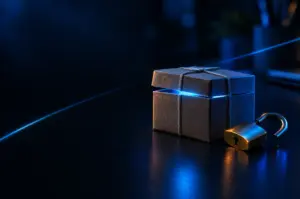 A small wrapped parcel box leaking a thin seam of blue light, beside an open brass padlock on a dark desk