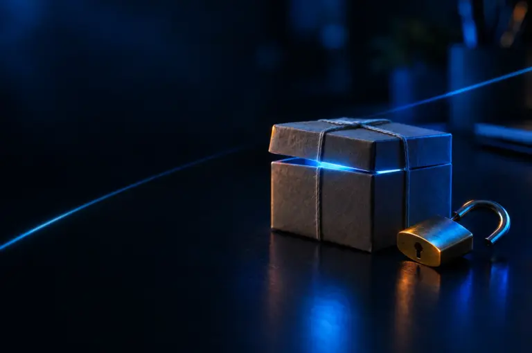 A small wrapped parcel box leaking a thin seam of blue light, beside an open brass padlock on a dark desk