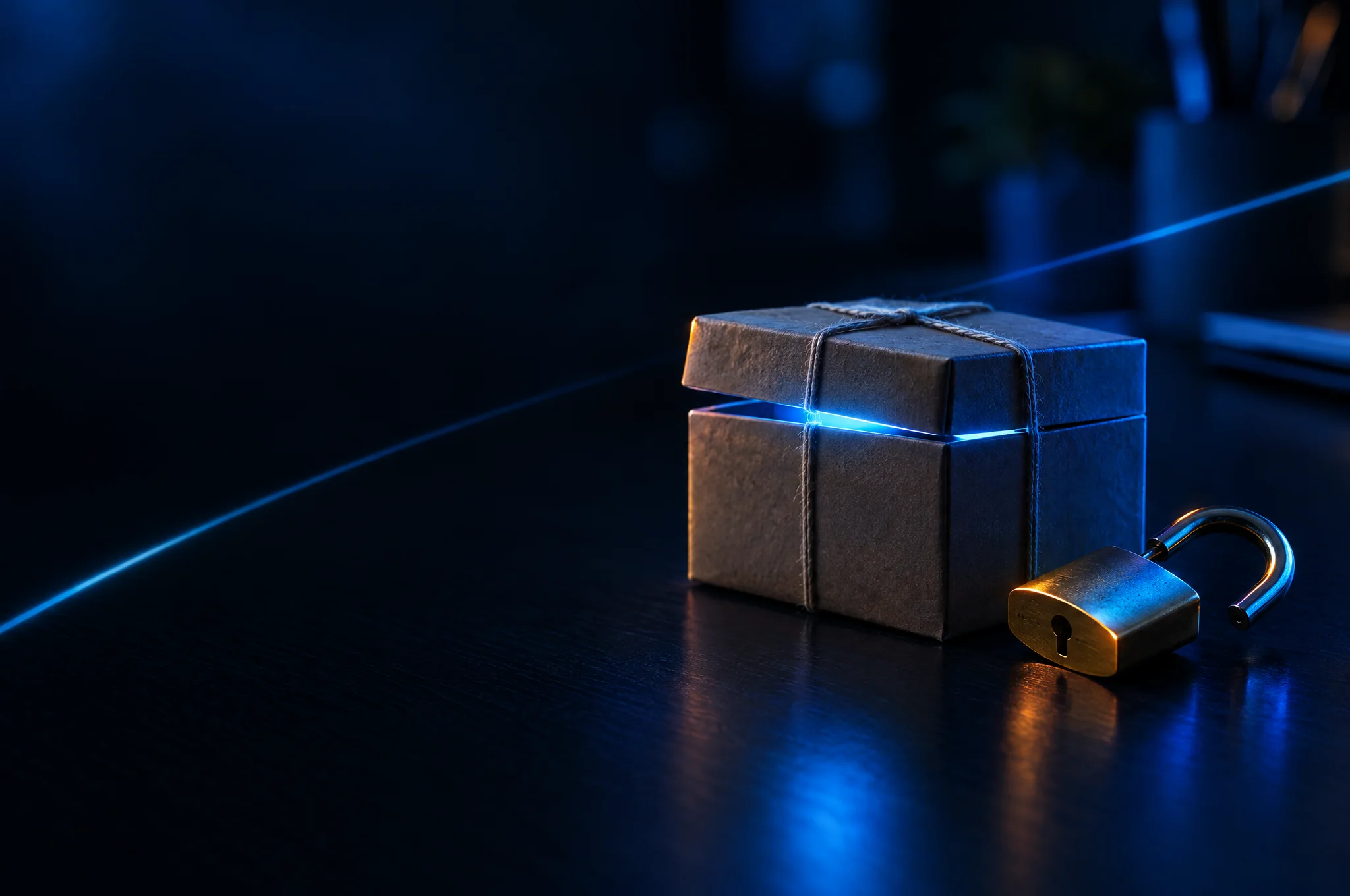 A small wrapped parcel box leaking a thin seam of blue light, beside an open brass padlock on a dark desk