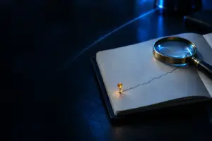 Magnifying glass on an open notebook with a pin and a drawn line under blue lighting on a dark surface.