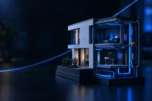 A cutaway architectural model of a small modern building with glowing blue pipes and wiring running beneath its floors