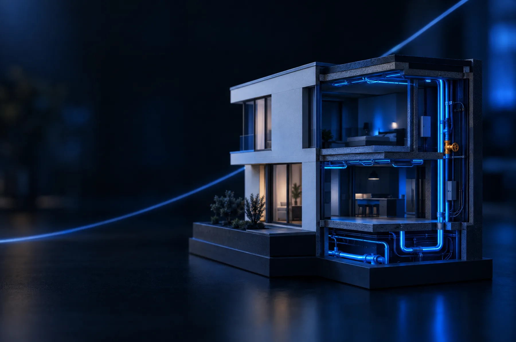 A cutaway architectural model of a small modern building with glowing blue pipes and wiring running beneath its floors