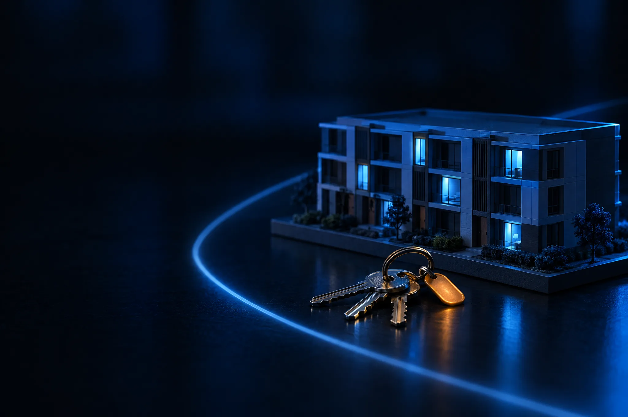 A small architectural model of a low-rise building with a few windows lit blue, with a ring of brass keys and an amber tag resting in front of it on a dark surface