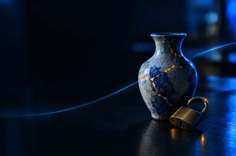 Cracked ceramic vase repaired with golden lacquer next to an open padlock on a dark reflective surface with blue lighting.