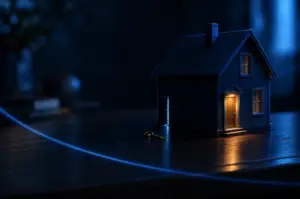 A model house with its front door shut and a hidden side door left ajar, a small key on the desk beside it